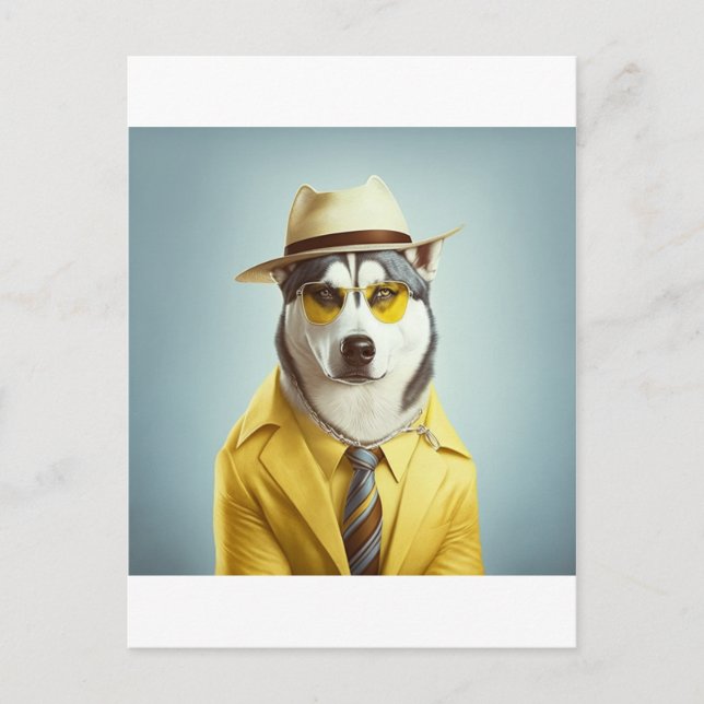Carte Postale Husky Portant un costume Jaune, Casquette, Lunette (Devant)