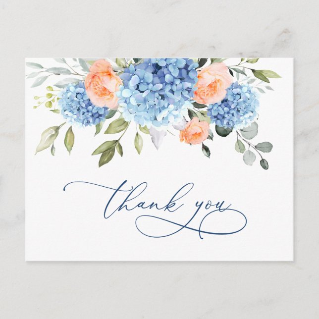 Carte Postale Hydrangea Bleue Élégante Roses Rose Pâle Merci  (Devant)