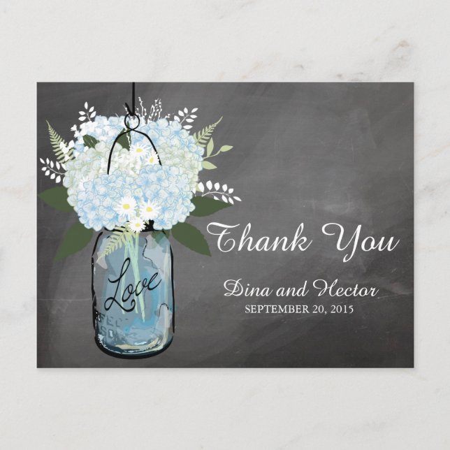 Carte Postale Hydrangea Blue Mason Jar Chalkboard | MERCI (Devant)