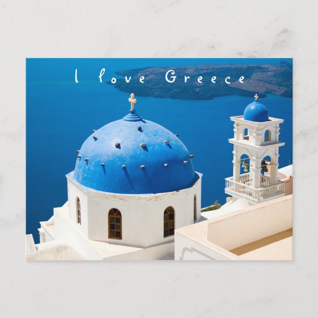 Carte Postale I love Greece Church Santorini bleu photo et texte (Devant)