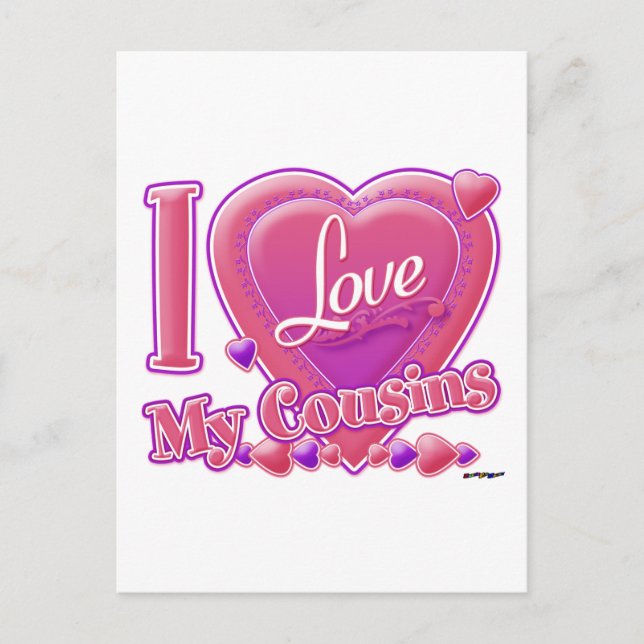 Carte Postale I Love My Cousins rose/violet - coeur (Devant)