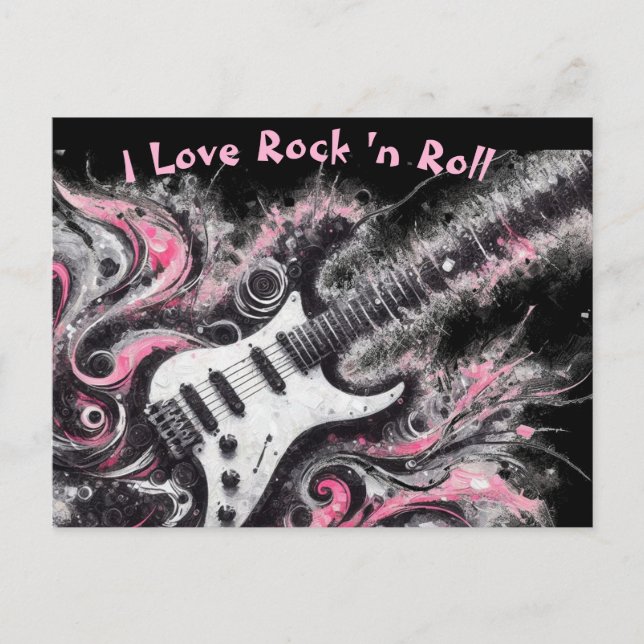 Carte Postale I Love Rock N Roll Guitare électrique rose noir (Devant)
