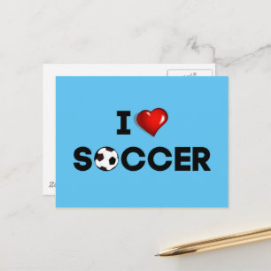 Carte Postale I Love Soccer, texte noir avec coeur rouge
