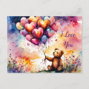 Carte Postale I Love You Teddy ours avec des ballons en forme de