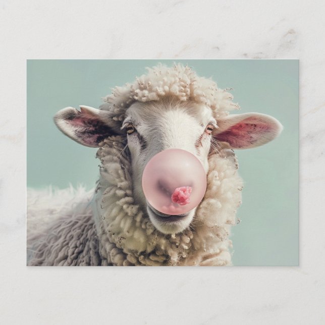 Carte Postale IA ART Sheep soufflant bulle rose bulle bulle de g (Devant)