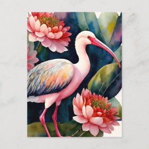 Carte Postale Ibis Floral Aquarelle Art