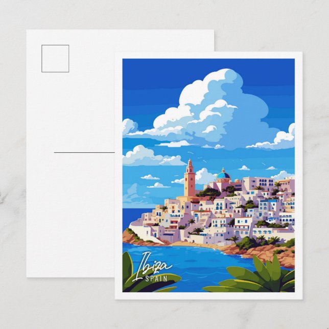 Carte Postale Ibiza Espagne Illustration de voyage artisanale (Devant / Derrière)