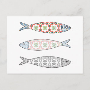 Carte Postale Icône portugaise traditionnelle. Sardines colorées