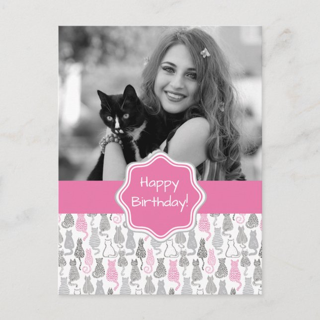 Carte Postale Idées cadeaux de chat Whimiscal rose et gris (Devant)