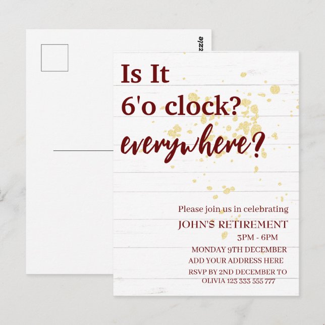 Carte Postale Il est 6'o horloge partout drôle de retraite perso (Devant / Derrière)