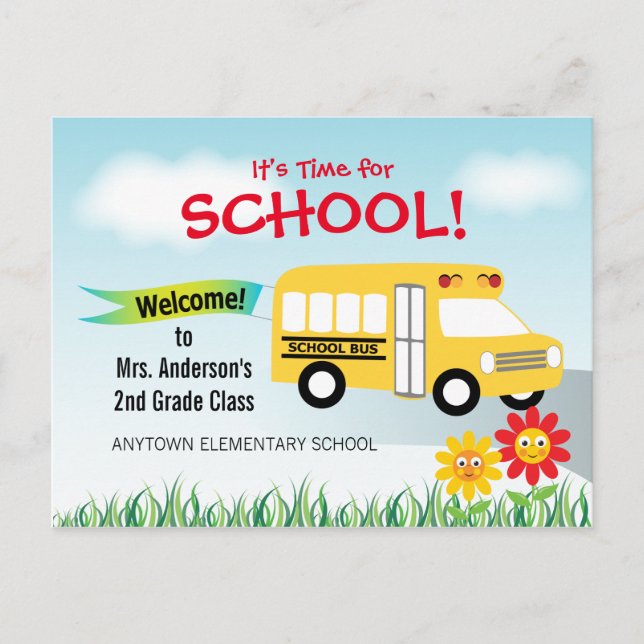 Carte Postale Il est temps pour l'école, retour à l'autobus scol (Devant)