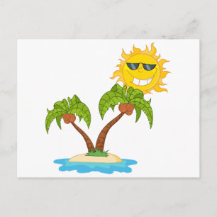 Carte Postale - Île Cartoon With Two Palm Tree And Cartoon Sun