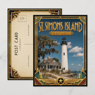 Carte Postale Île de St. Simons Géorgie Art Déco Doré Vintage