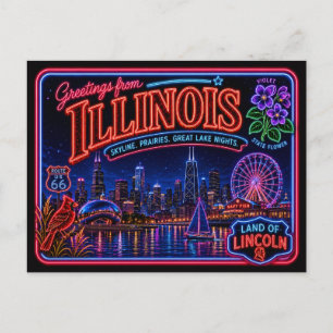 Carte Postale Illinois Neon État Rétro Vintage