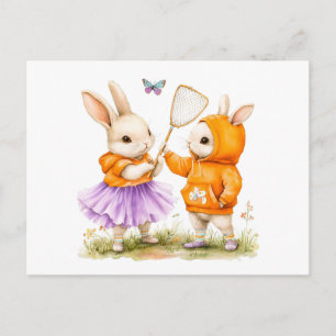 Carte Postale Illustration aquarelle de deux lapins attrapant de