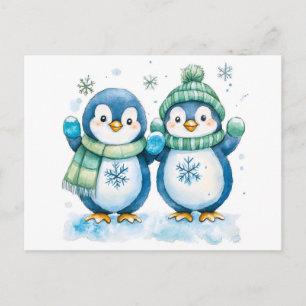 Carte Postale Illustration aquarelle de deux pingouins