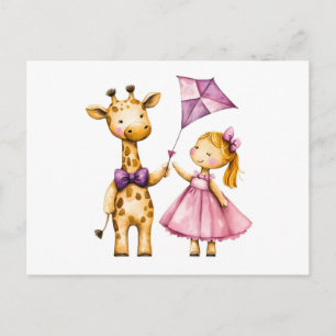 Carte Postale Illustration aquarelle de girafe et fille volant