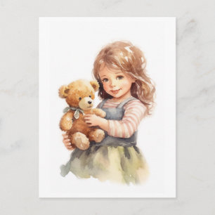 Carte Postale Illustration aquarelle d'ours en peluche de fille 