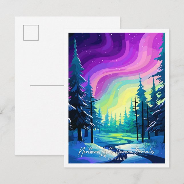 Carte Postale Illustration aurora boréale Northern Lights (Devant / Derrière)