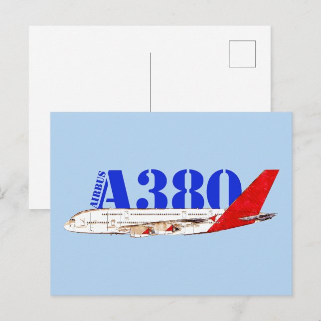 Carte Postale Illustration d'Airbus A380 avec design de queue ro (Devant / Derrière)