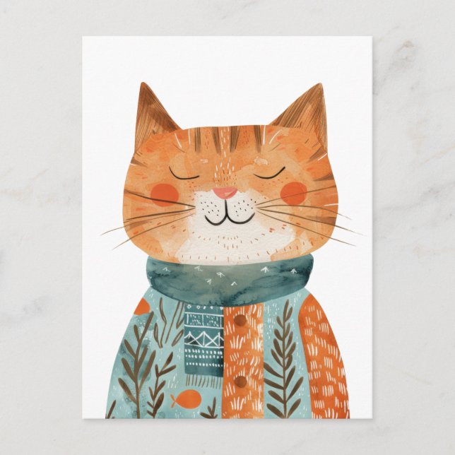 Carte Postale Illustration d'aquarelle singulière de chat anthro (Devant)