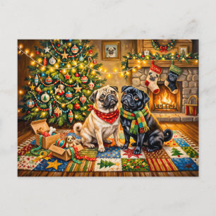 Carte Postale Illustration de chien Mops de cottage de Noël fant