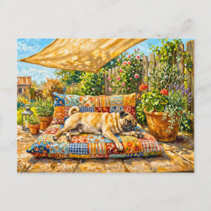 Carte Postale Illustration de chien Mops de terrasse estivale fa