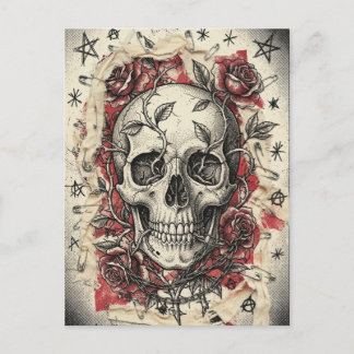 Carte Postale Illustration de crâne et de roses Grunge Punk