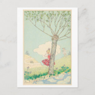 Carte Postale Illustration de fille vintage lisant près d'un arb