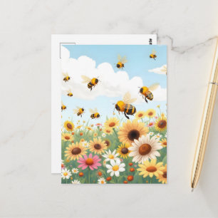 Carte Postale Illustration de fleurs et d'abeilles mignonnes