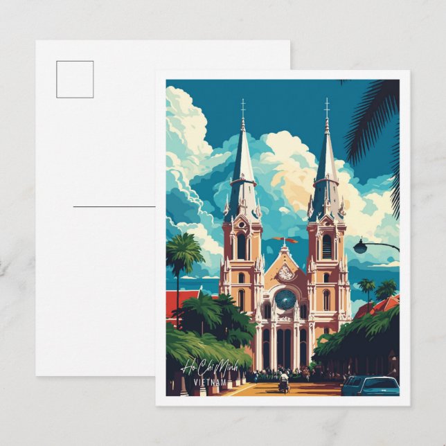 Carte Postale Illustration de Ho Chi Minh Vietnam Vintage voyage (Devant / Derrière)
