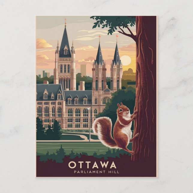 Carte Postale Illustration de la colline du Parlement d'Ottawa (Devant)
