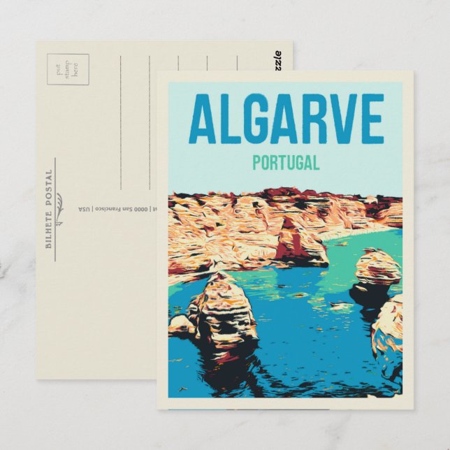 Carte Postale Illustration de la côte de Cliff Algarve Portugal (Devant / Derrière)
