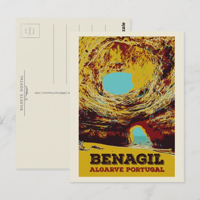 Carte Postale Illustration de la grotte de Benagil Algarve Portu (Devant / Derrière)