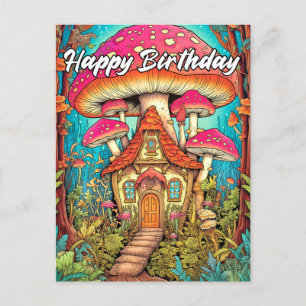Carte Postale Illustration de la maison de champignons mignons