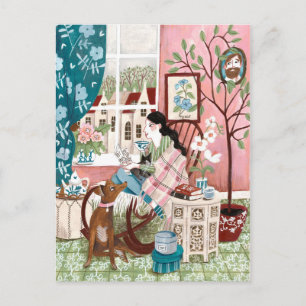 Carte Postale Illustration de lecture à domicile cosy rose plein