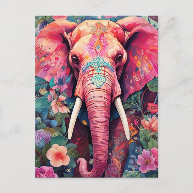 Carte Postale Illustration de l'éléphant rose avec des fleurs (Devant)