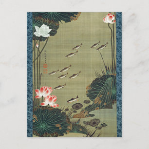 Carte Postale Illustration de Lotus Pond and Fish par Ito Jakuch