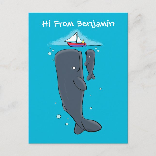 Carte Postale Illustration de mignons baleines et voiliers (Devant)