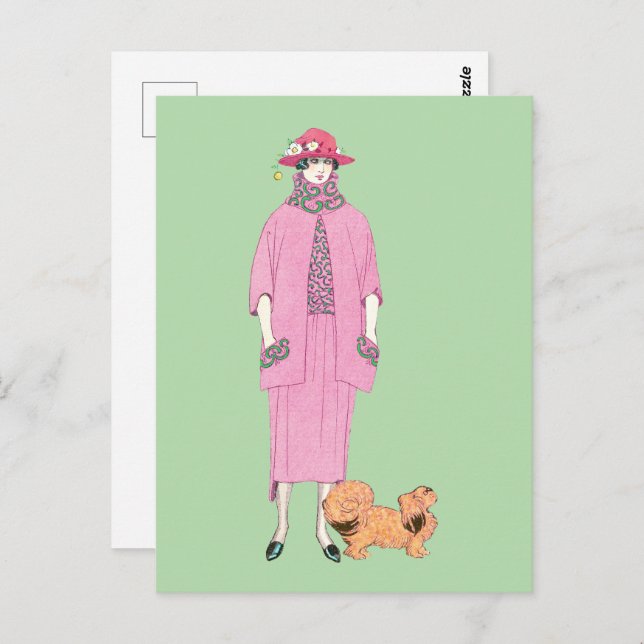 Carte Postale Illustration de mode des années 1910 Dame & Chien  (Devant / Derrière)