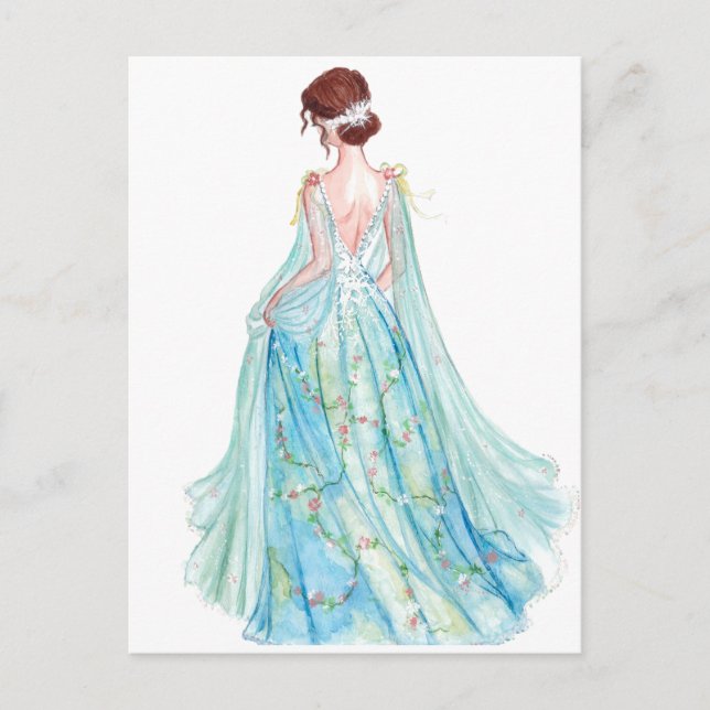 Carte Postale Illustration de mode princesse bleu aquarelle (Devant)