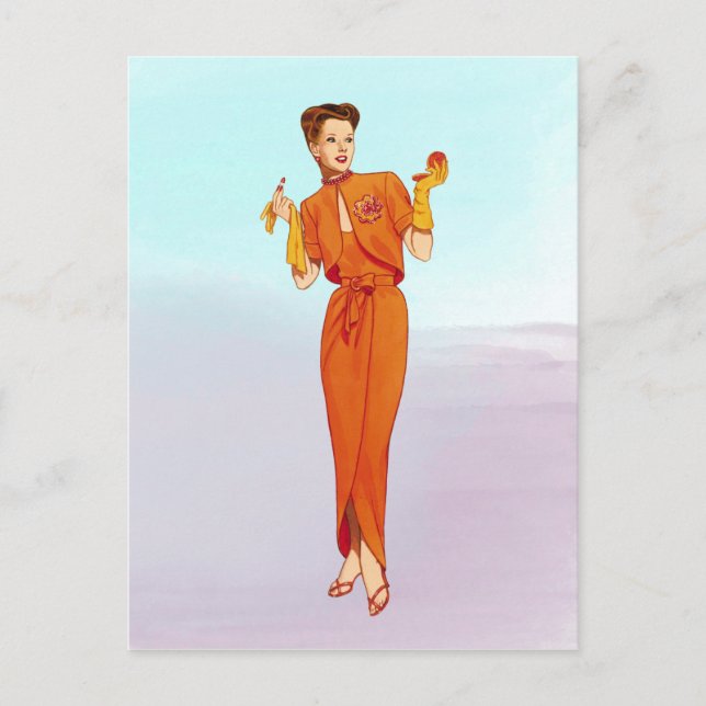 Carte Postale Illustration de mode rétro orange des années 1940  (Devant)