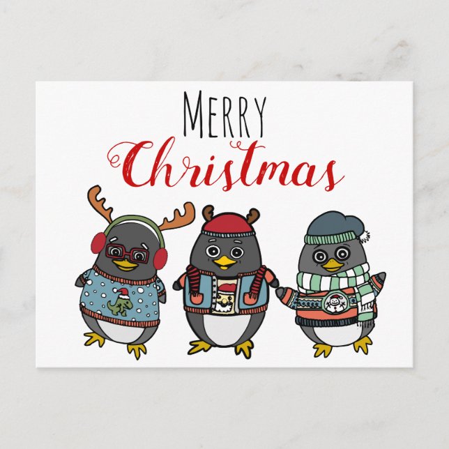 Carte Postale Illustration de pingouin drôle mignon | Joyeux Noë (Devant)