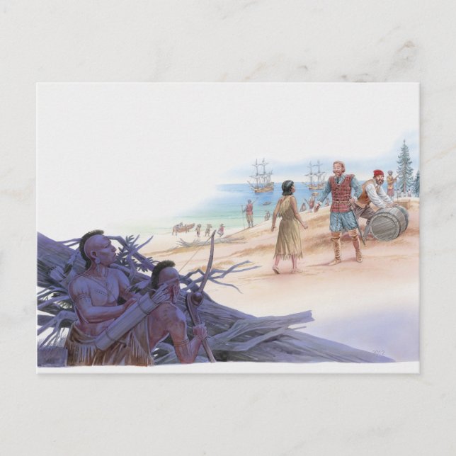 Carte Postale Illustration de Pocahontas parlant avec le capitai (Devant)