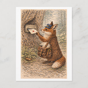 Carte Postale Illustration de renard de style vintage en facteur