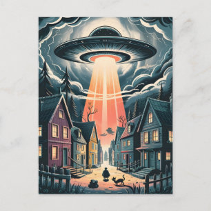 Carte Postale Illustration de rue nocturne d'enlèvement par OVNI