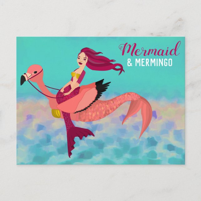 Carte Postale Illustration de sirène et de mermingo mignon (Devant)