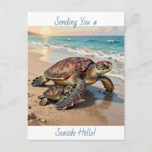Carte Postale Illustration de tortue marine et bébé   Dire bonjo