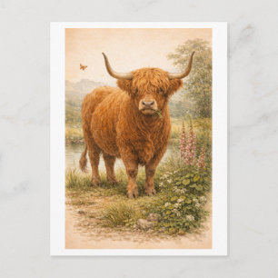 Carte Postale Illustration de vache highland de style vintage