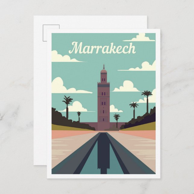 Carte Postale Illustration de voyage d'art Marrakech Maroc (Devant / Derrière)